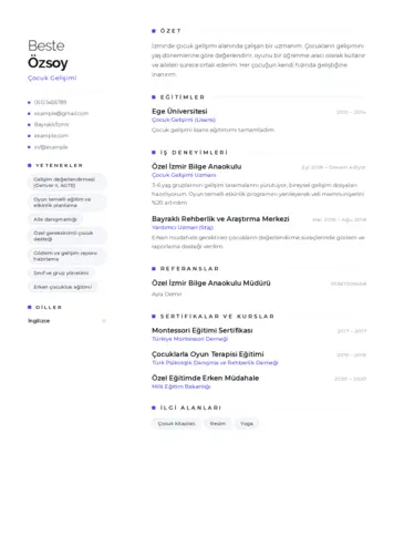 Çocuk Gelişimi Bölümü CV Örnekleri cv indir